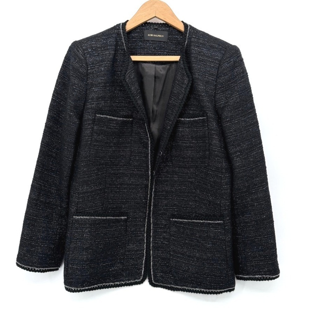 Kobi Halperin TEIGEN Metallic Tweed Dress Jacket Blazer Chain Trim Size Large